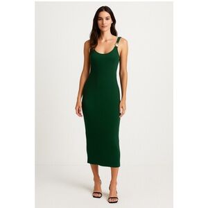 Ribbed Scoop Neck Midi Dress with Buckle Strap - Green